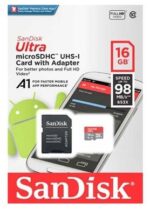 کارت حافظه microSDHC سن دیسک مدل Ultra A1 کلاس 10 استاندارد UHS-I U1 سرعت 98MBps ظرفیت 16 گیگابایت به همراه آداپتور SD
